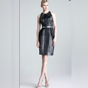 Lela Rose black/metallic silver braided organza halter sheath cocktail dress - 6